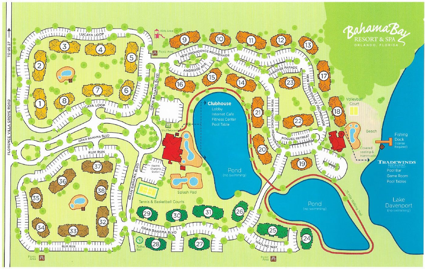 Bahama Bay Resort community map showing all 38 buildings, clubhouse, pools, beach, and Lake Davenport