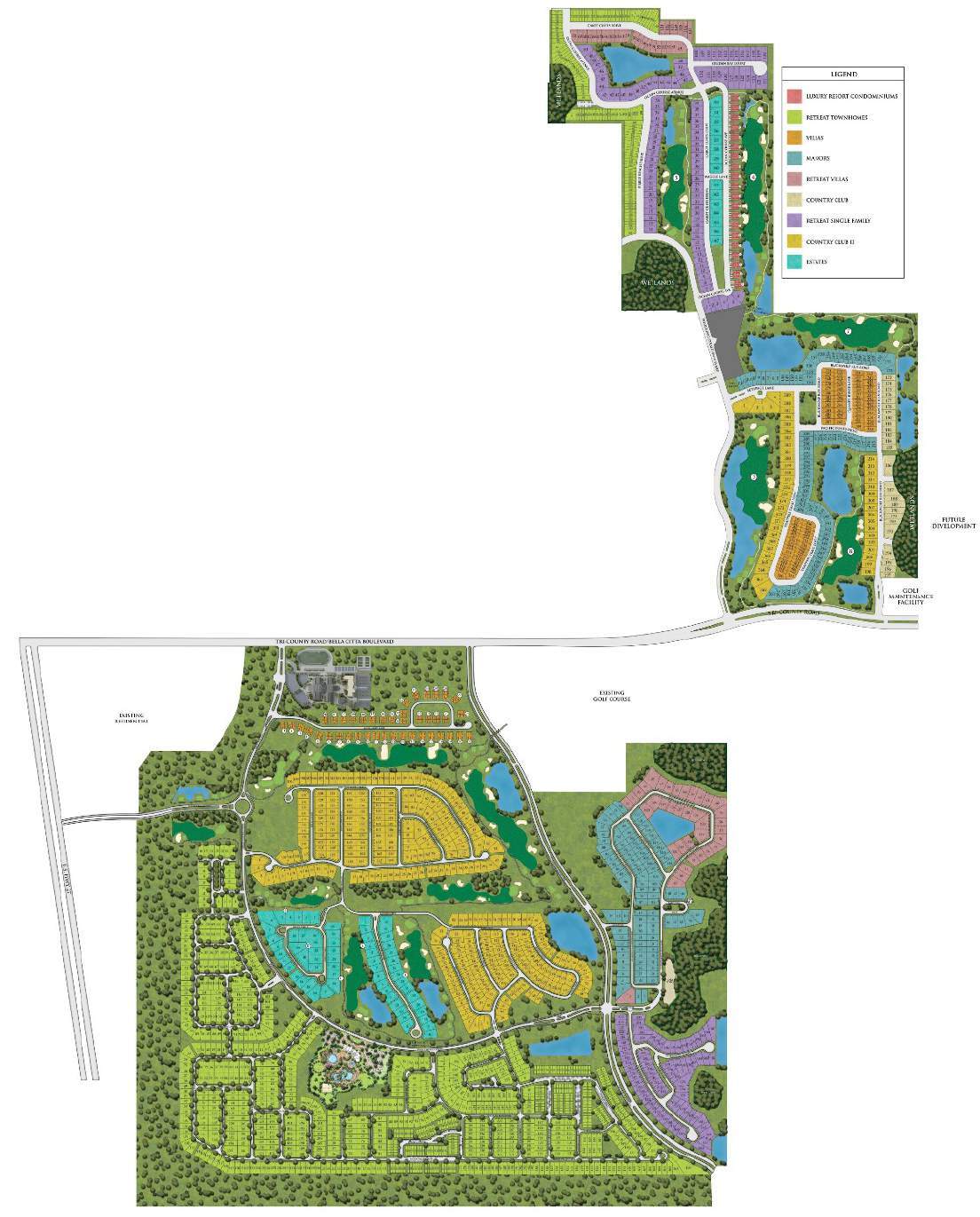 ChampionsGate master plan map showing the Retreat townhomes, single-family and villa sections, the Oasis Club, the Country Club, and the Estates