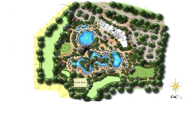 Oasis Club amenity site plan showing the lazy river, pools, water slide, and clubhouse