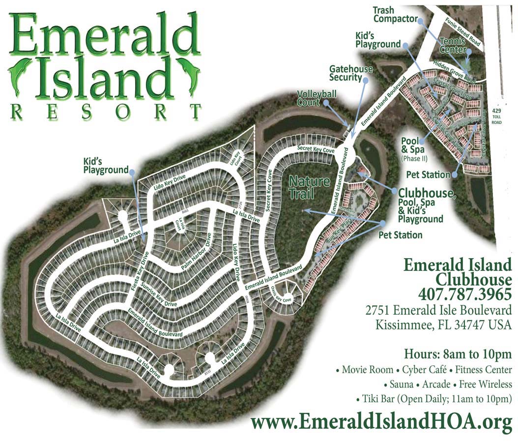 Emerald Island Resort community map showing the gatehouse, clubhouse, pool, tennis center, nature trail, and street layout