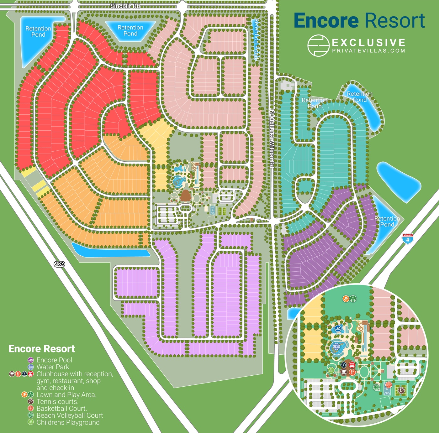 Encore Resort at Reunion community map showing home neighborhoods, clubhouse, AquaPark water park, and amenity areas