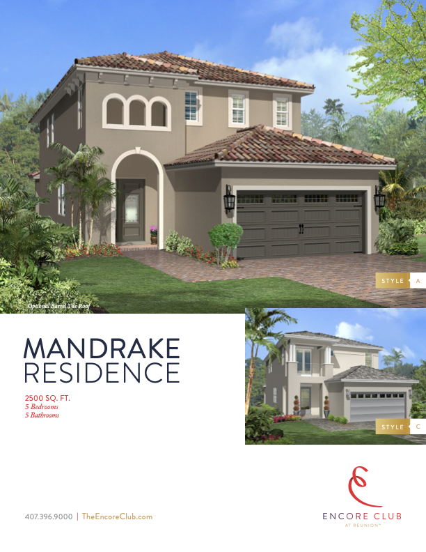 Mandrake Residence floor plan sheet — 5 bedroom, 5 bath, 2,500 sq ft