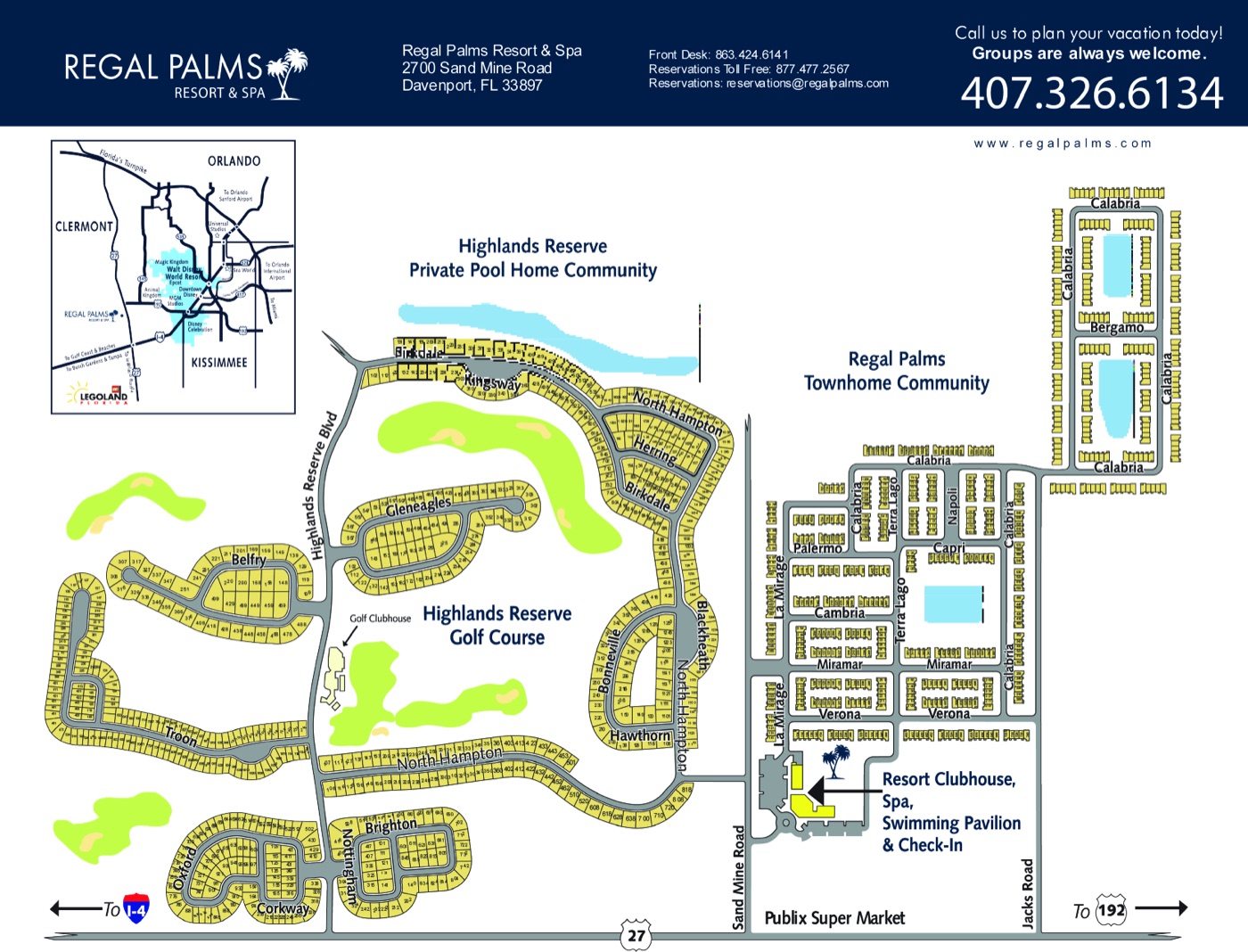 Regal Palms Resort community map showing the clubhouse, water park, townhome streets, and adjacent Highlands Reserve