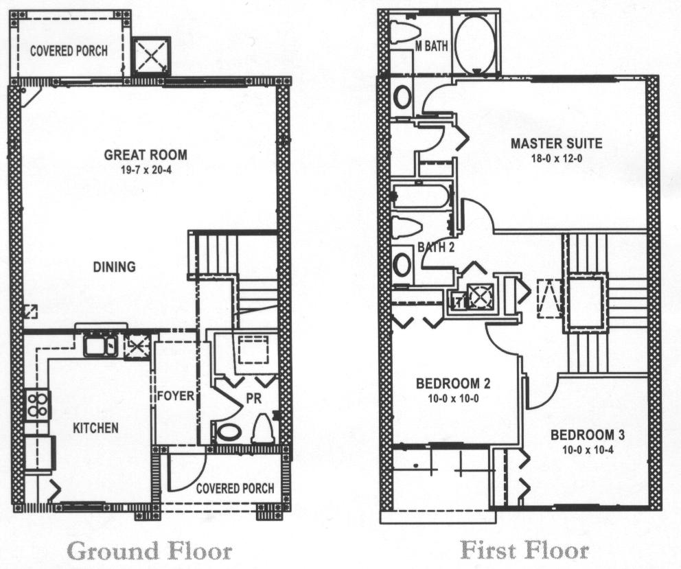 Antigua floor plan — 3 bedroom, 2.5 bath two-story townhome, ground and first floor layouts