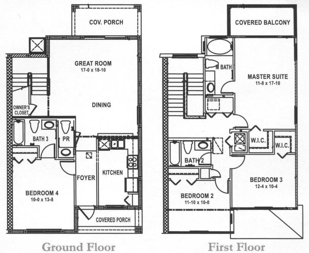 Bermuda floor plan — 4 bedroom, 3.5 bath two-story townhome, ground and first floor layouts