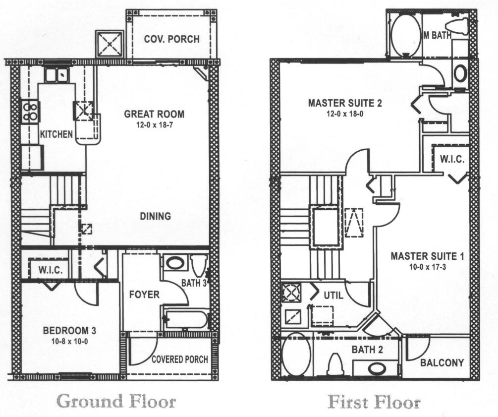 Cayman floor plan — 3 bedroom, 3 bath two-story townhome with two master suites, ground and first floor layouts