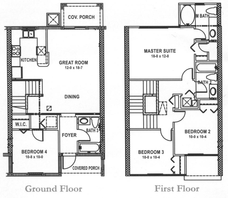 Jamaica floor plan — 4 bedroom, 3 bath two-story townhome, ground and first floor layouts