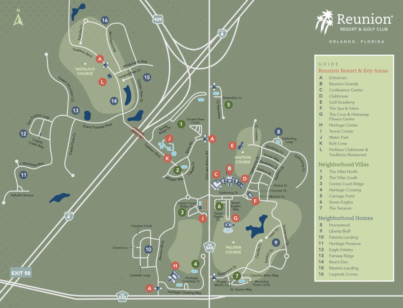 Reunion Resort and Golf Club community map with numbered neighborhood guide showing the golf courses, water park, and 14+ neighborhoods