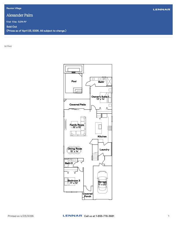 Reunion Village Alexander Palm floor plan — 5 bedroom, 3,014 sq ft, with private pool
