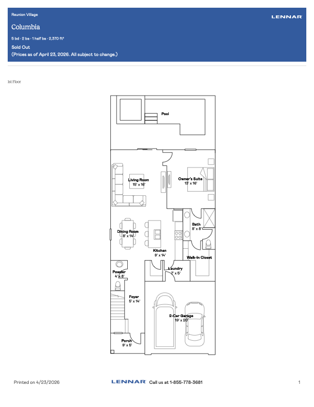 Reunion Village Columbia floor plan — 5 bedroom townhome, 2,370 sq ft, with private pool