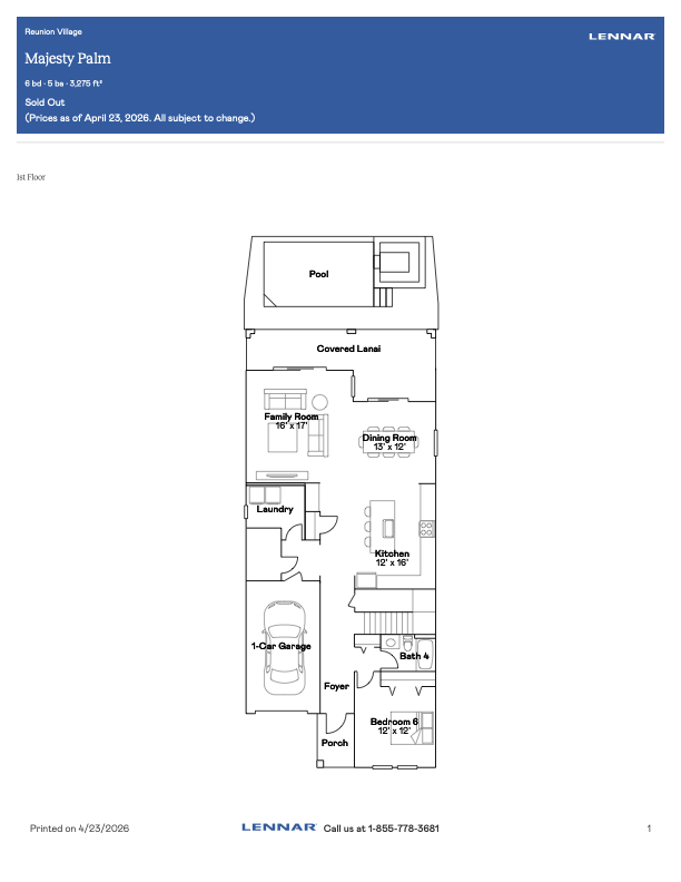 Reunion Village Majesty Palm floor plan — 6 bedroom, 3,275 sq ft, with private pool