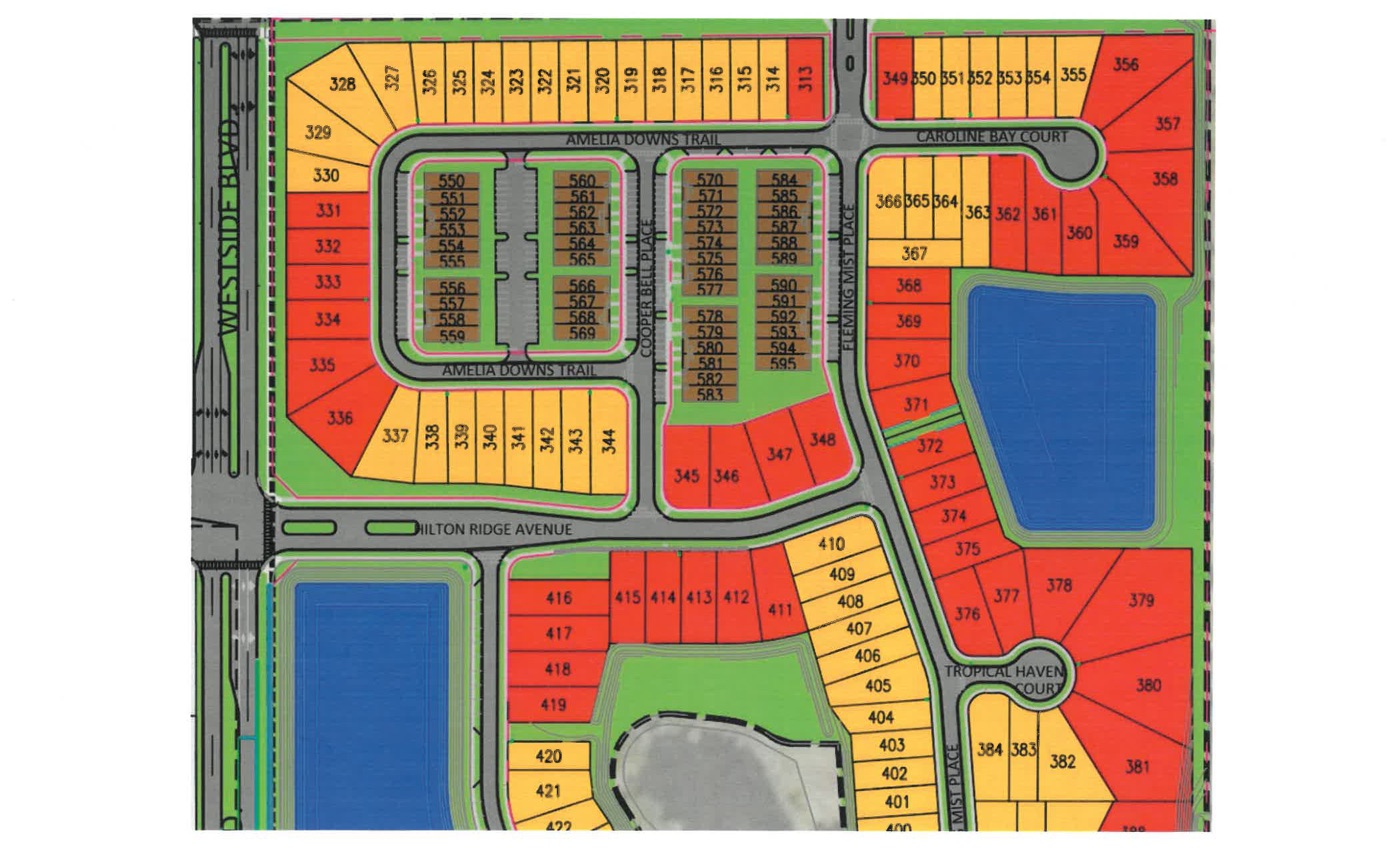 Solara Resort Phase II site plan showing numbered lots along Westside Blvd, Amelia Downs Trail, Caroline Bay Court, Hilton Ridge Avenue, and Tropical Haven Court