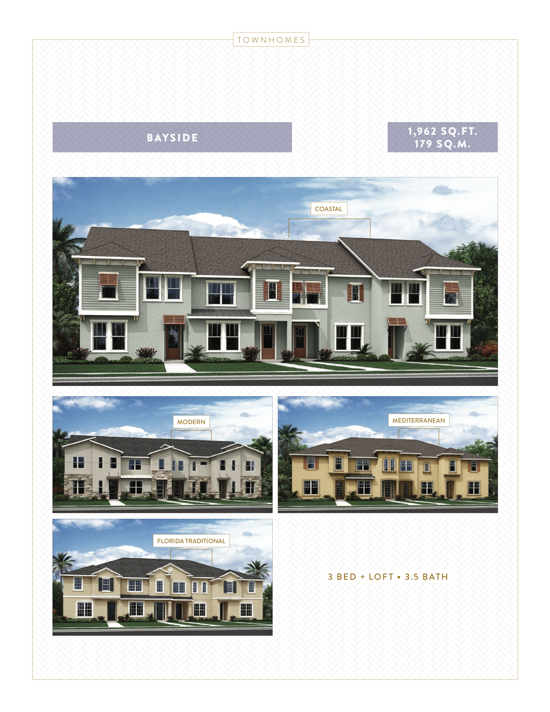Bayside townhome floor plan — 3 bedroom plus loft, 1,962 sq ft