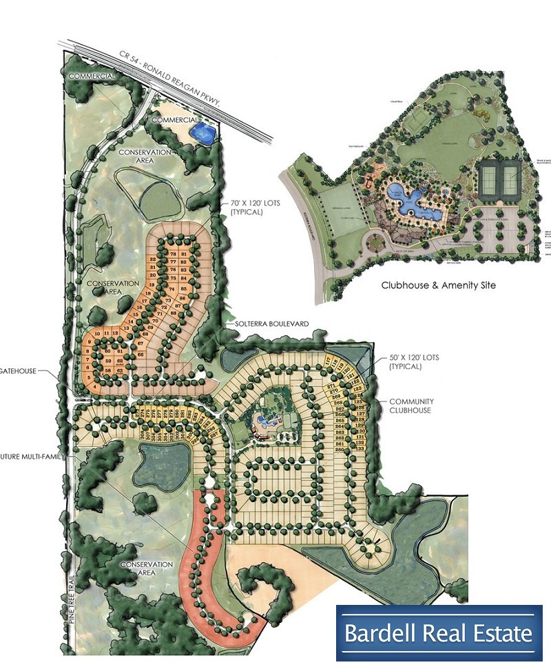 Solterra Resort site plan showing lots, the gatehouse entrance, and the clubhouse and amenity site