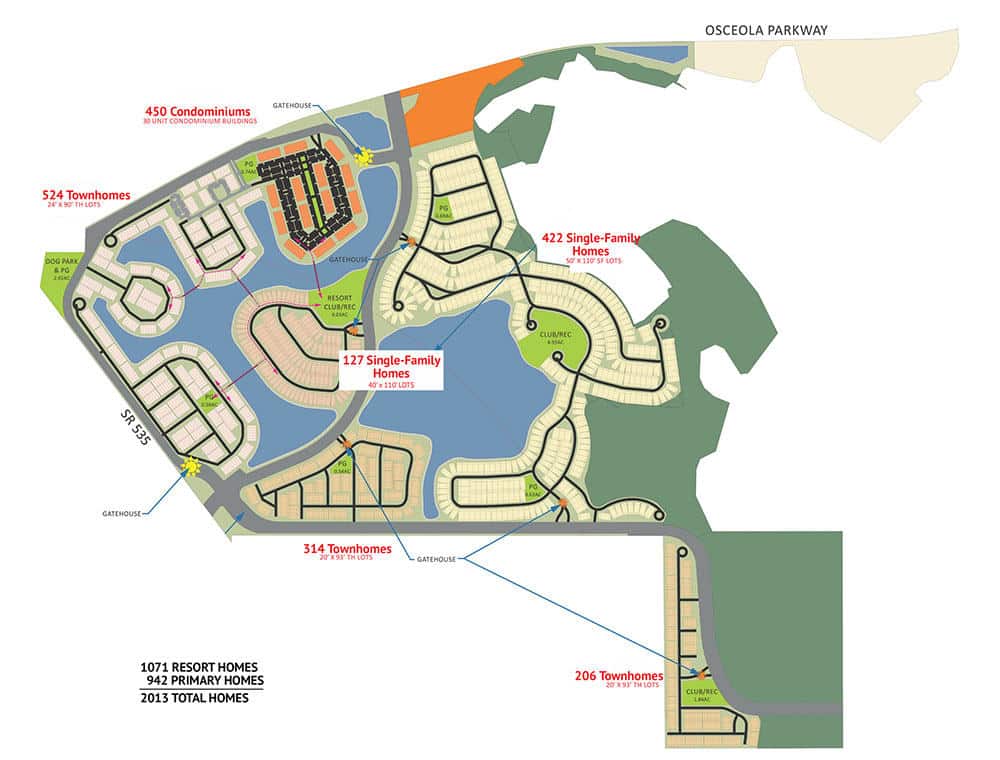 Storey Lake site plan map showing resort and primary-residence neighborhoods, the lake, and clubhouse locations