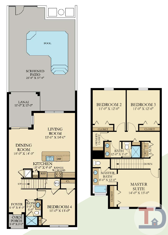 Beach Palm and Sabal Palm floor plan — 4 bedroom townhome, 1,914 sq ft