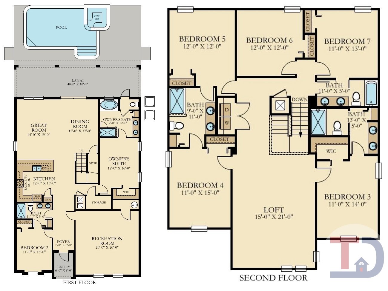 Buchanan floor plan — 7 bedroom single-family home, 3,976 sq ft