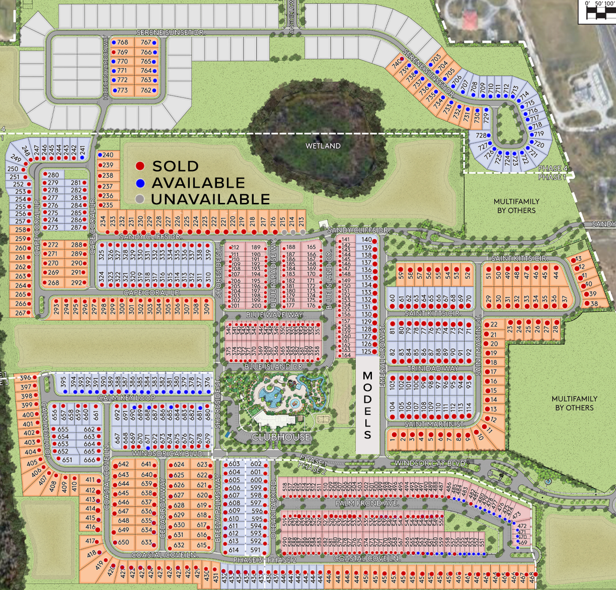 Windsor Cay Resort community site map showing townhome and single-family lots and The Reef Club amenity area