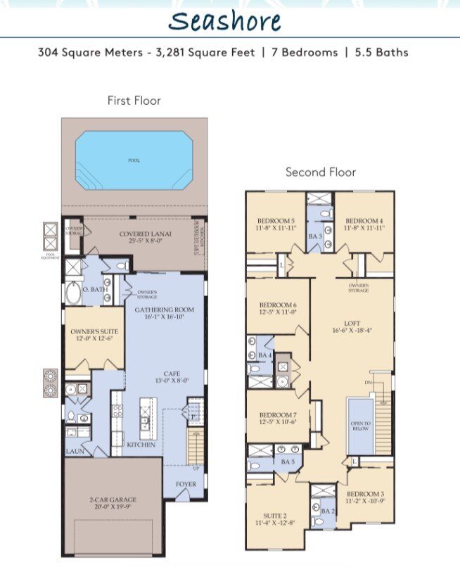 Seashore single-family floor plan — 7 bedroom, 3,286 sq ft