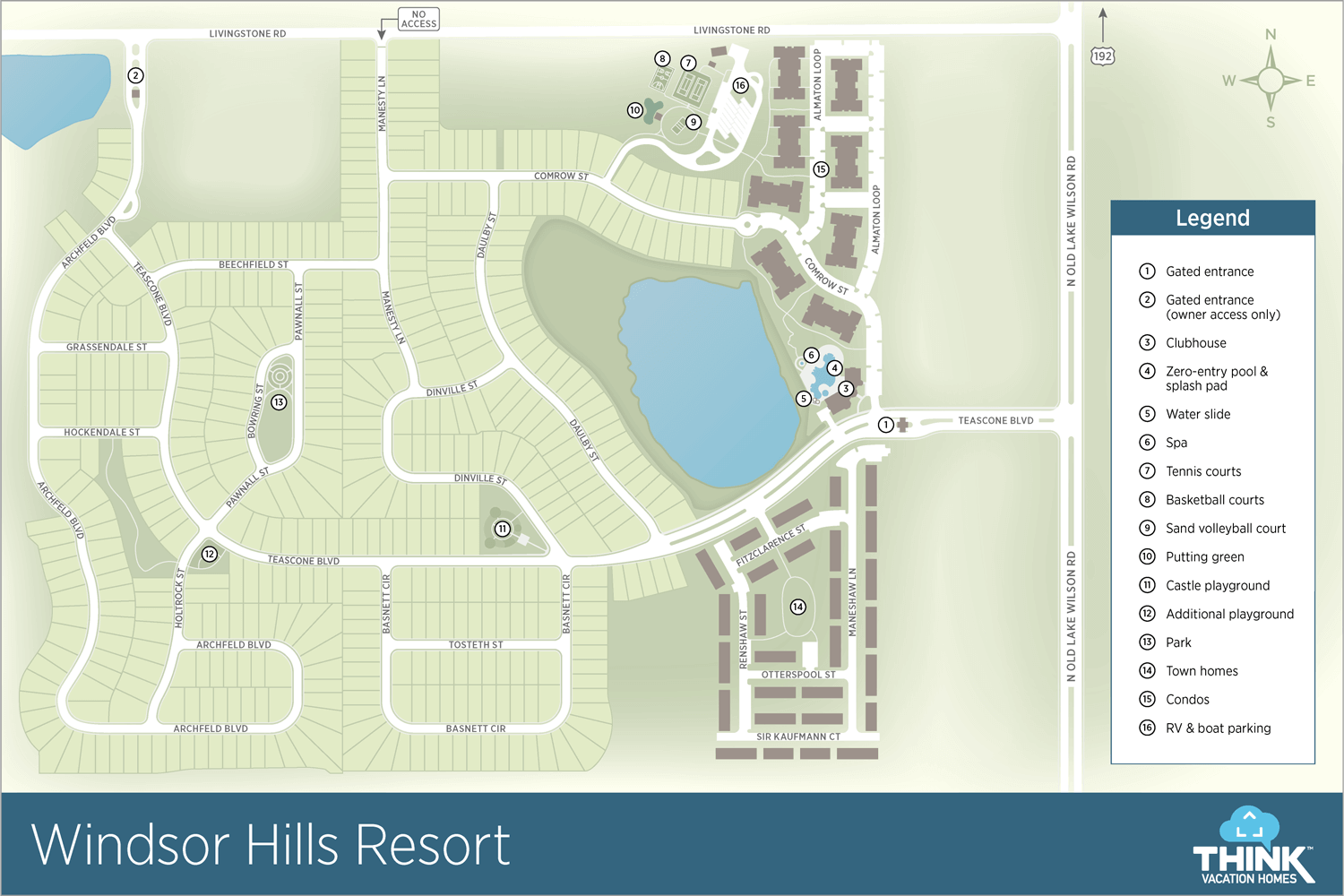 Windsor Hills Resort community map showing the clubhouse, pool and water park, condo buildings, townhomes, and single-family home streets