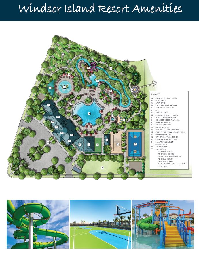 Windsor Island Resort amenity map keying the zero-entry pool, lazy river, water slides, splash pad, cabanas, mini golf, sports courts, and clubhouse