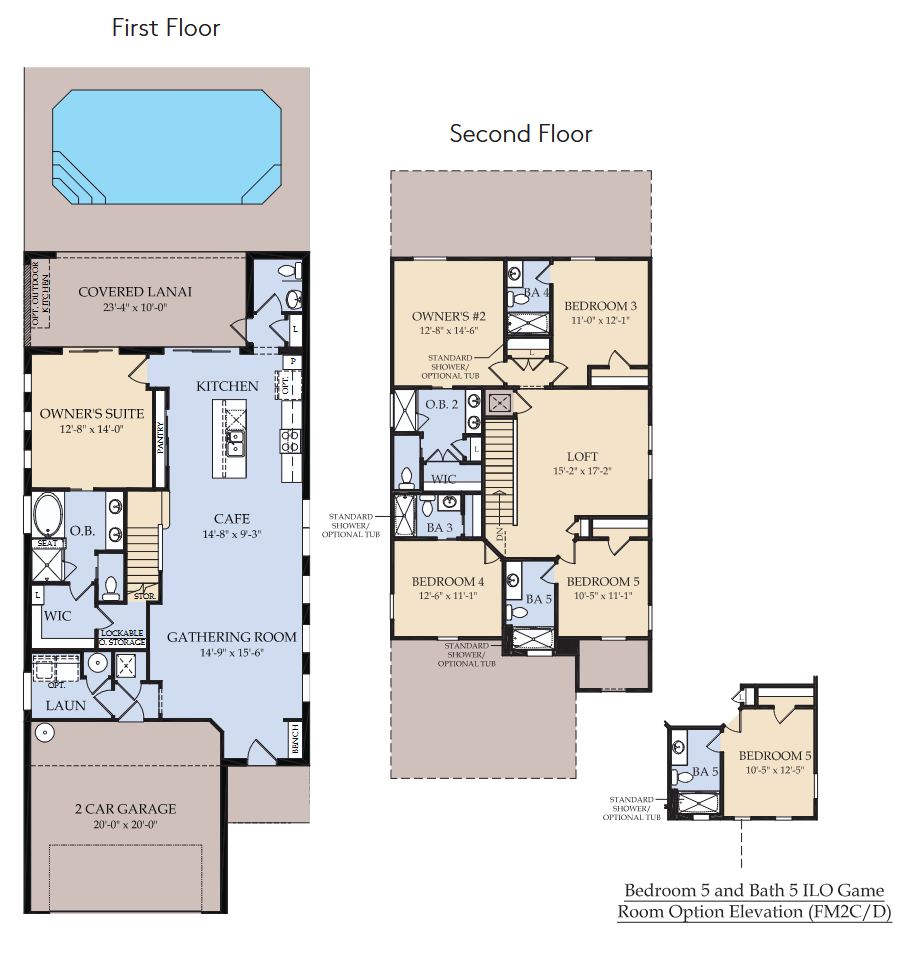 Lakeshore floor plan — 5 bedroom single-family home with dual owner's suites