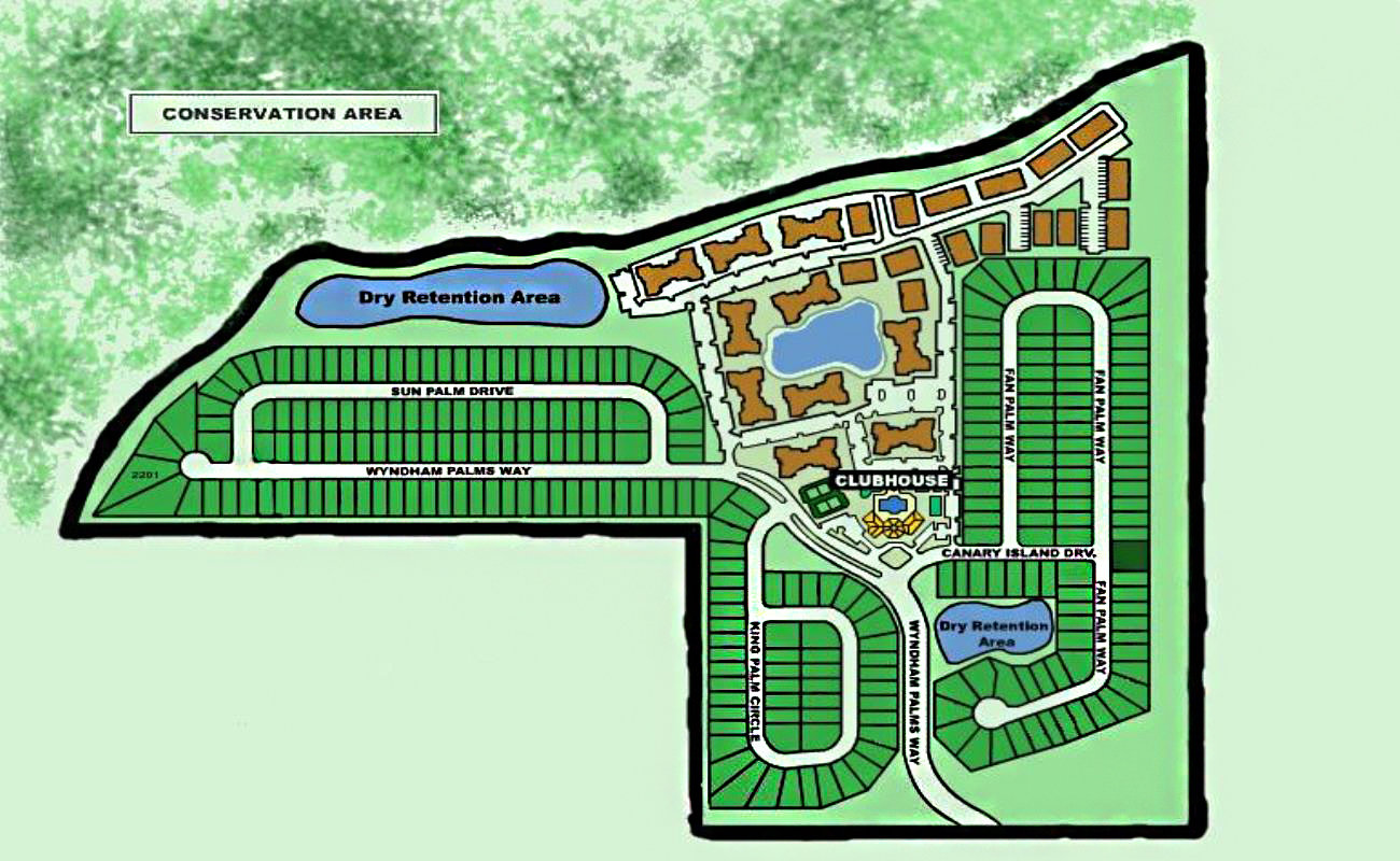 Windsor Palms Resort community map showing the gated entrance, clubhouse, pool area, and residential streets