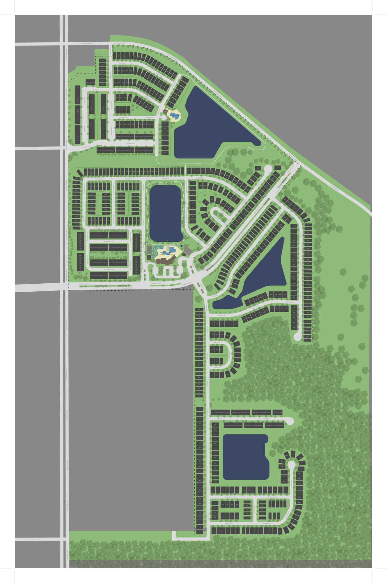 Windsor at Westside Resort community site plan showing the clubhouse, pool complex, townhome and single-family streets off Westside Blvd