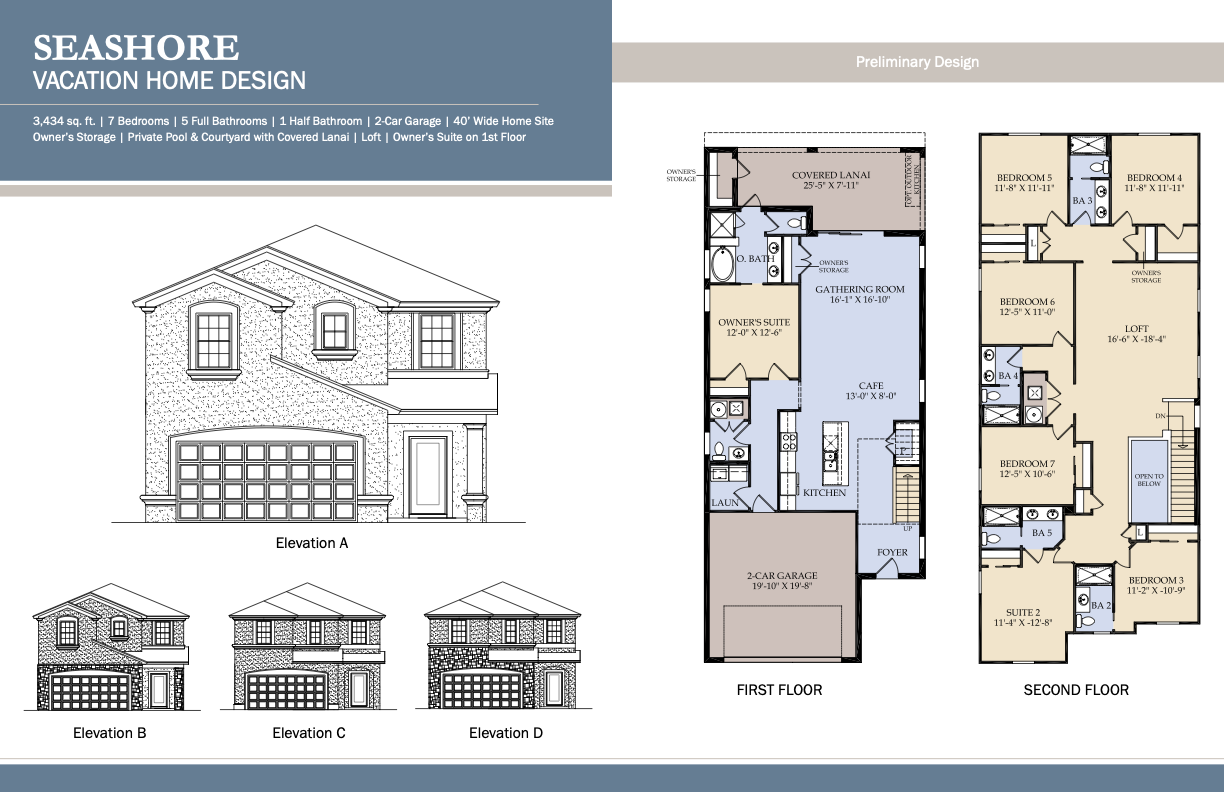 Seashore floor plan — 7 bedroom home with dual owner's suites